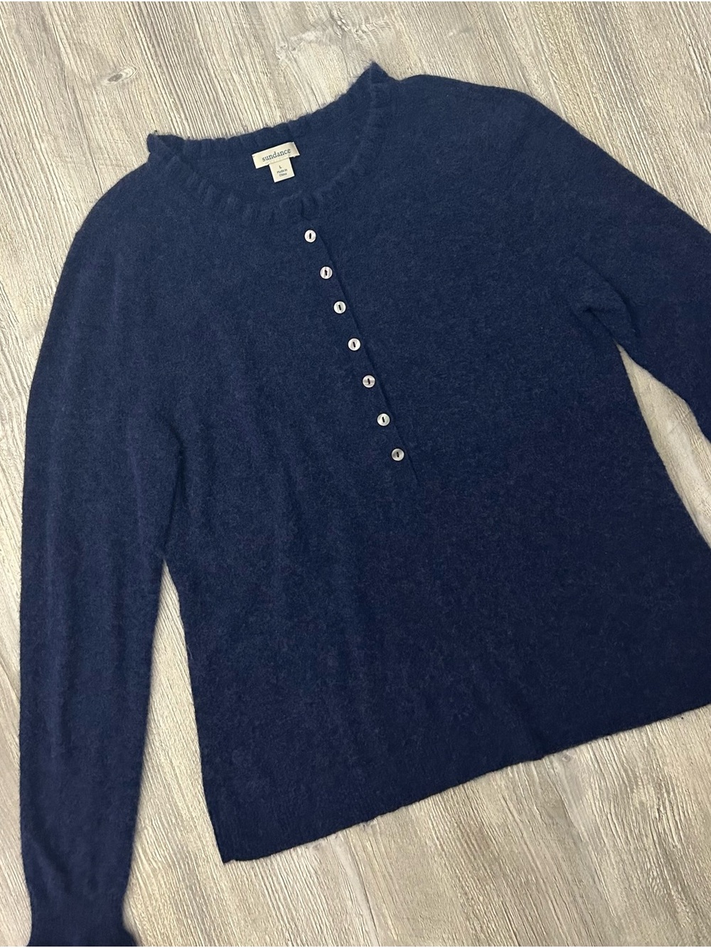 Sundance "Edwina" Cashmere-Wool Blend Ruffle Henley Sweater Indigo Blue Large